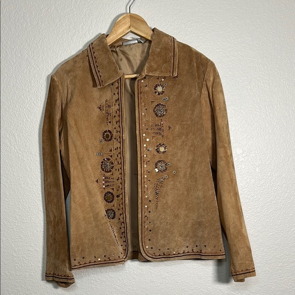 Chicos Embroidered Tan Leather Jacket M - Picture 1 of 8